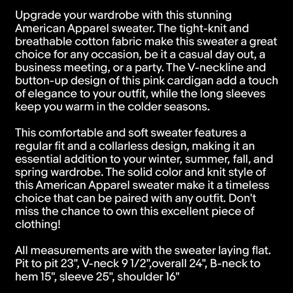 American Apparel Women's V-neck Button-up Pink Size L Sweater Excellent Cond. - Picture 3 of 4